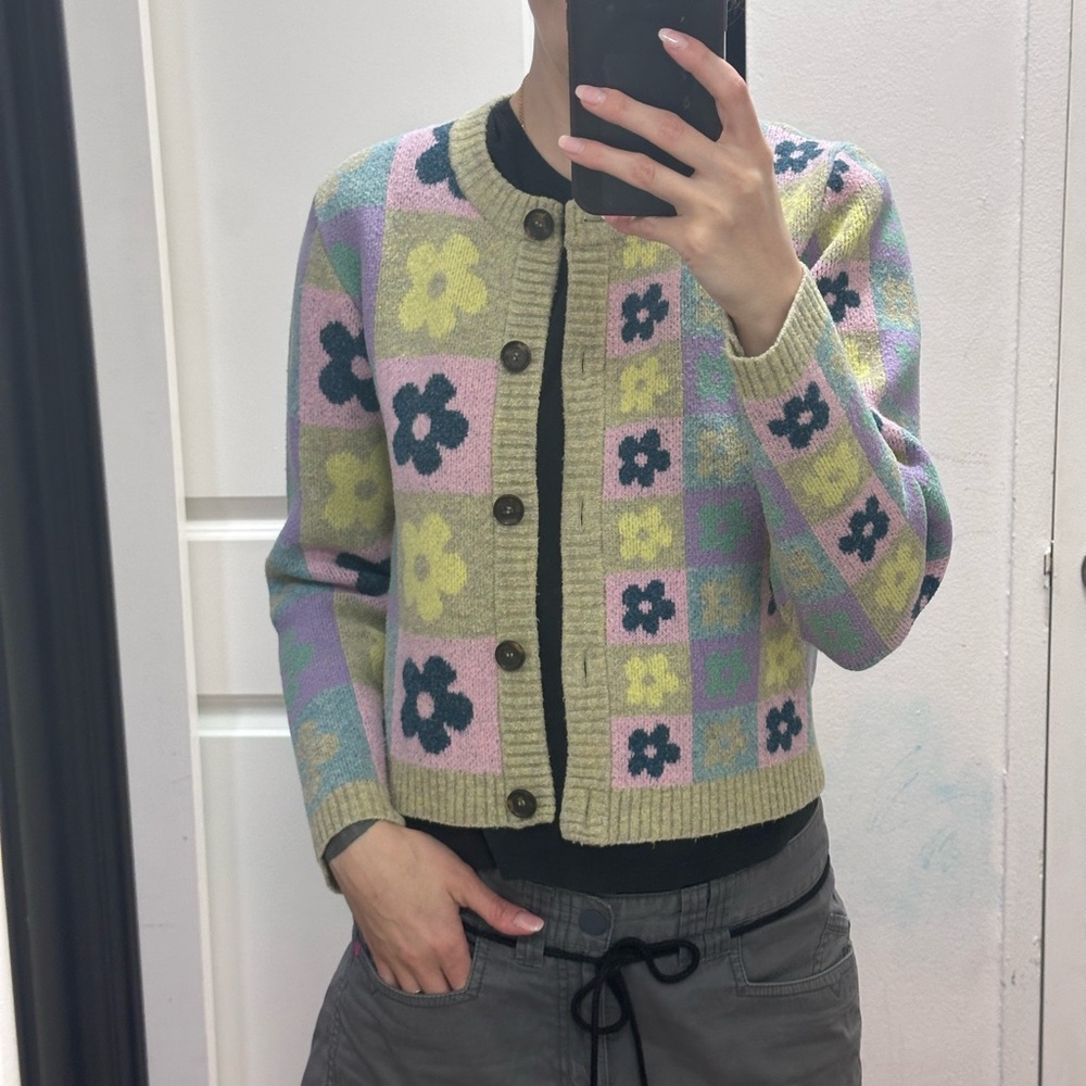 Sandy Liang Pastel Floral Check Cardigan in Mint, Lavender, Pink